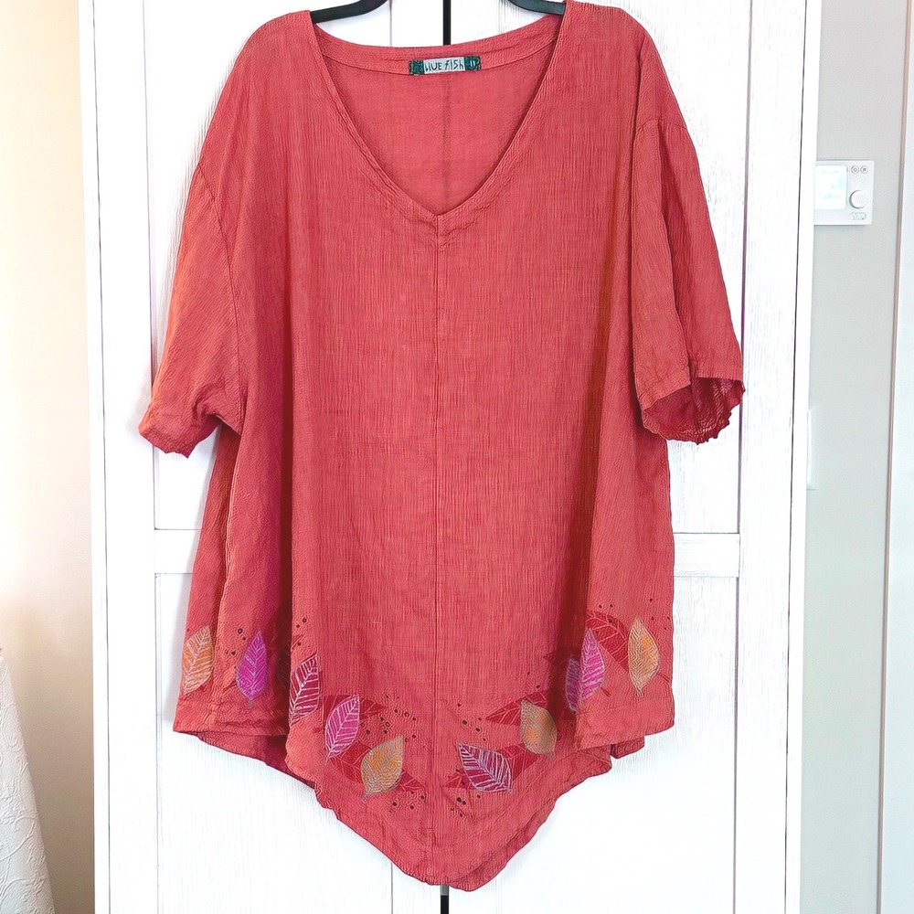 Blue Fish 100% Linen Coral Leaf Print Sharkbite Tunic Top Size 2X Lagenlook Boho